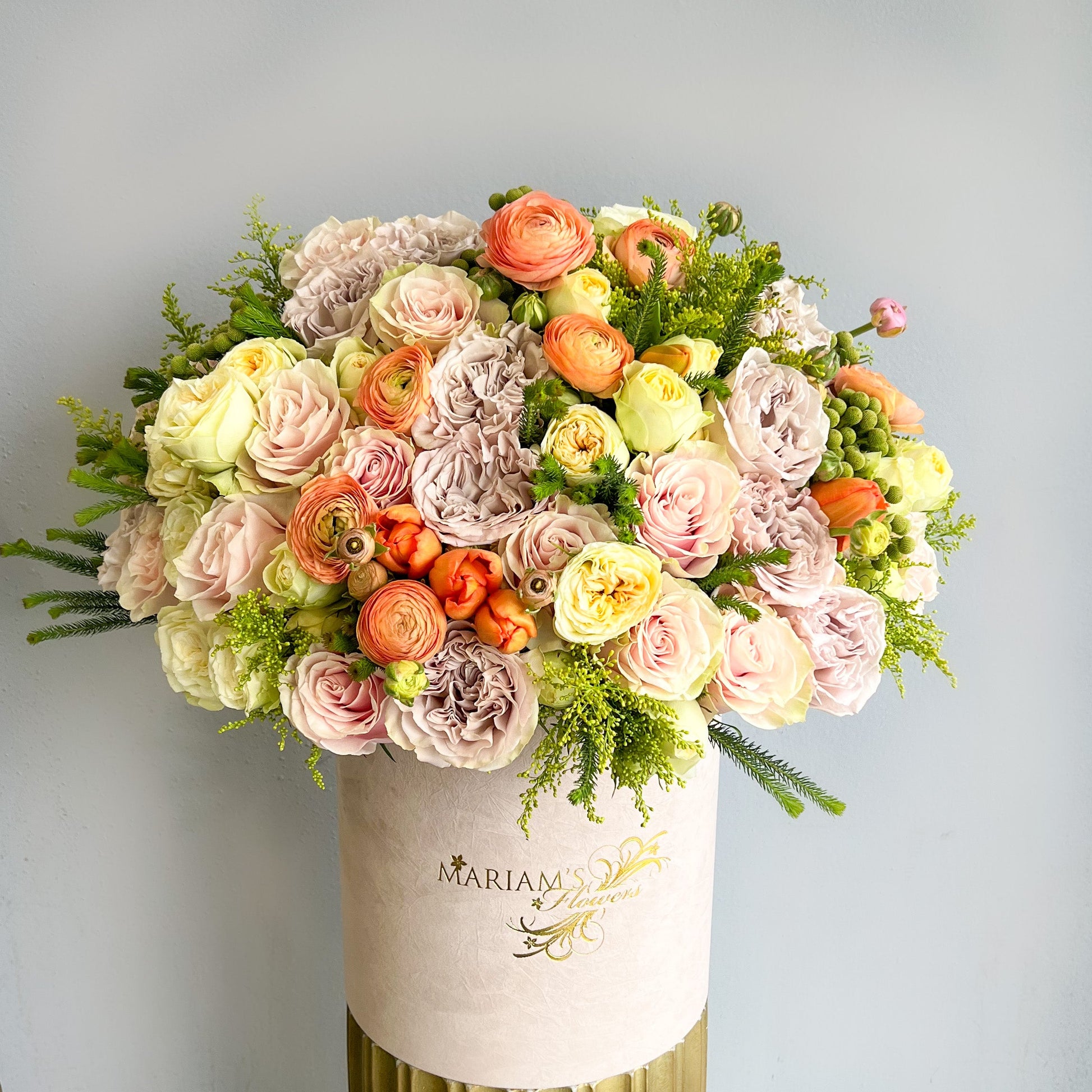 A large white box filled with vibrant flowers, featuring the 'Apricot Bliss' variety in full bloom.